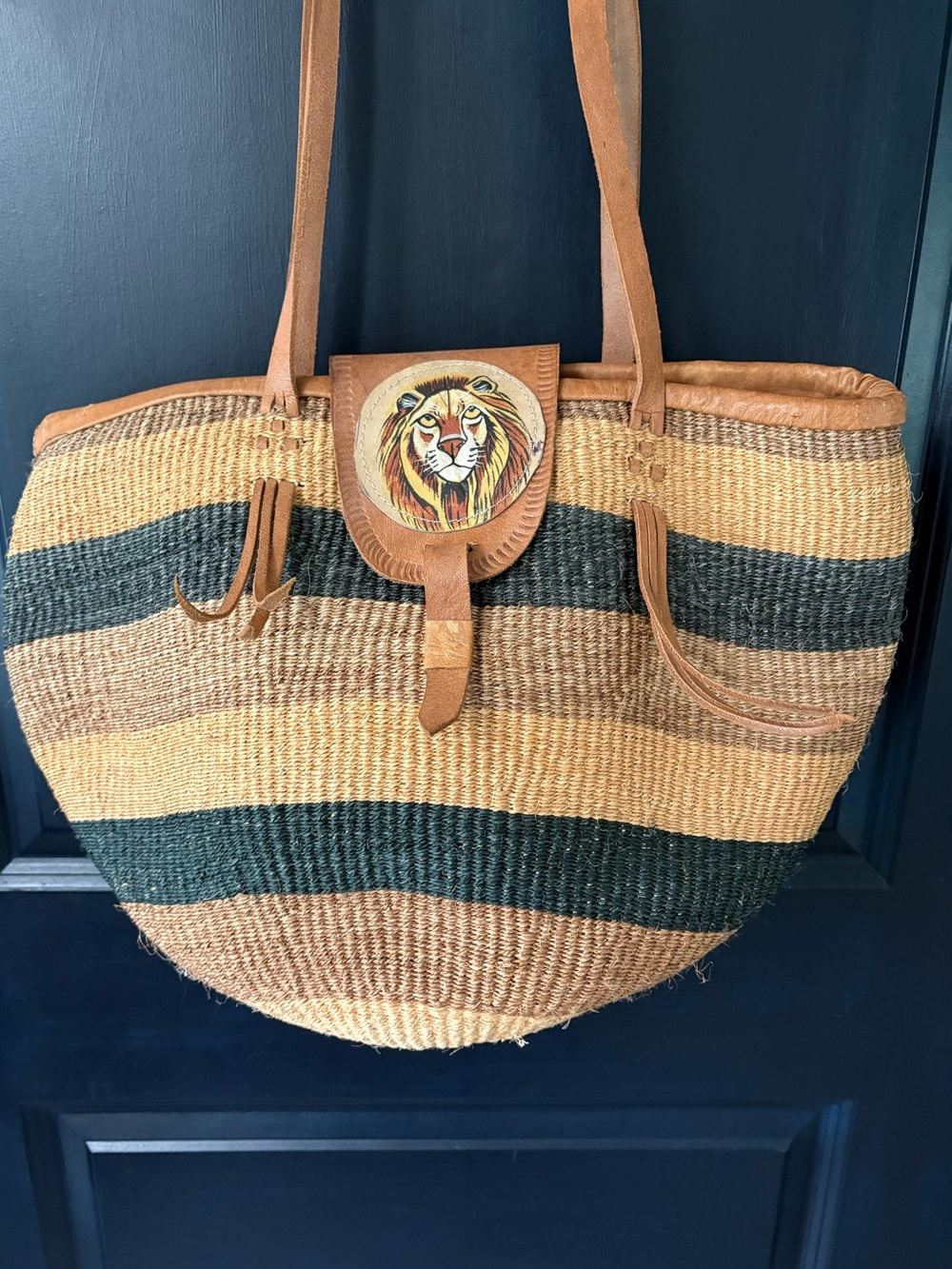 Leather SISAL Bag Vintage 80s Tote Woven MARKET African KIONDA Bag Lion 🦁 King